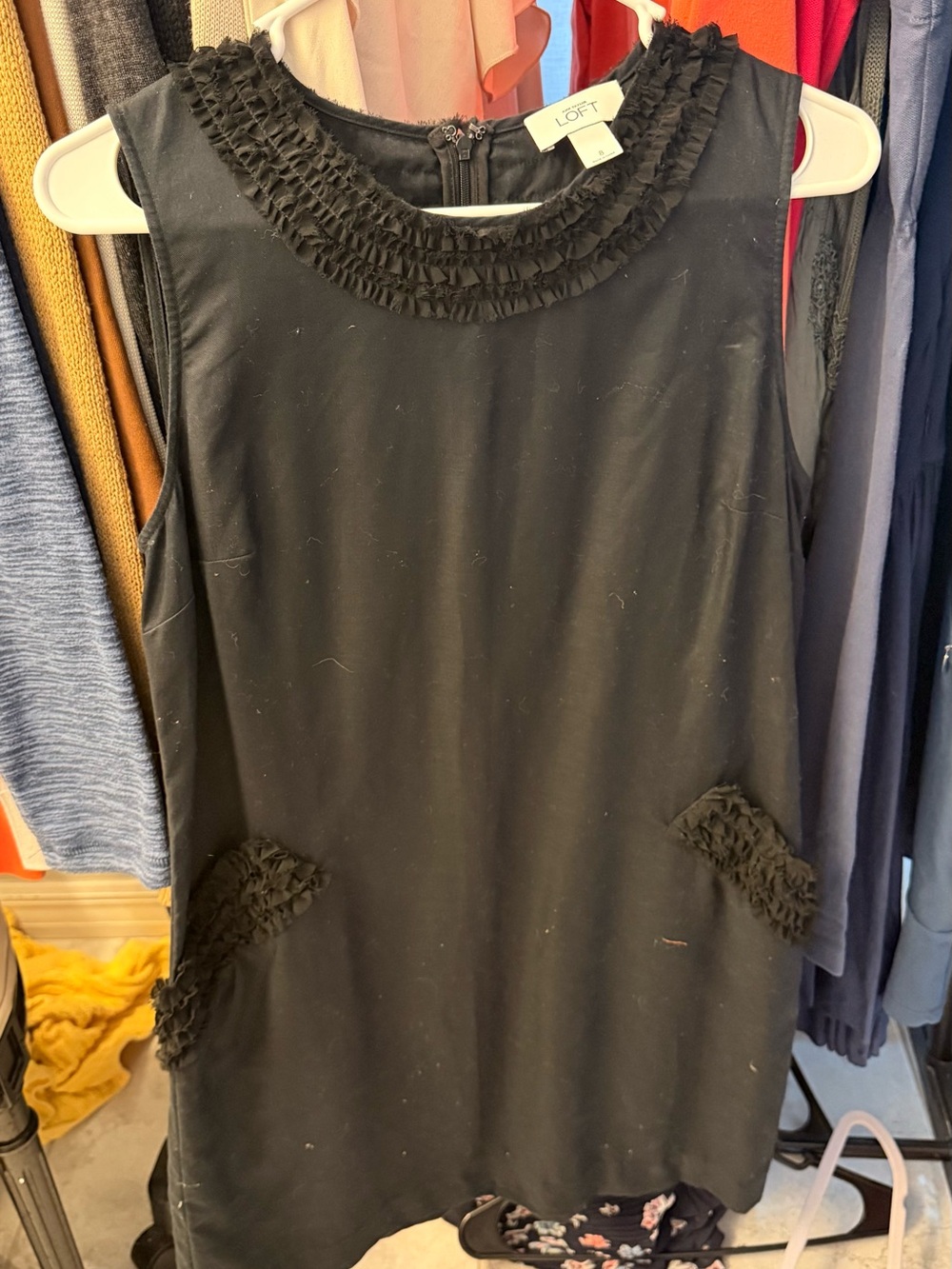 LOFT Black Sleeveless Shift Dress with Ruffle Trim Detail